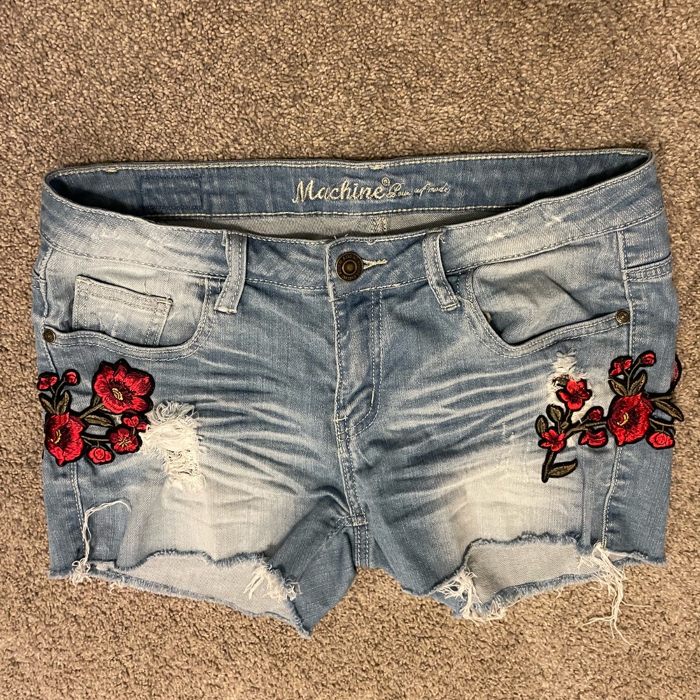 Machine floral iron on jean shorts
